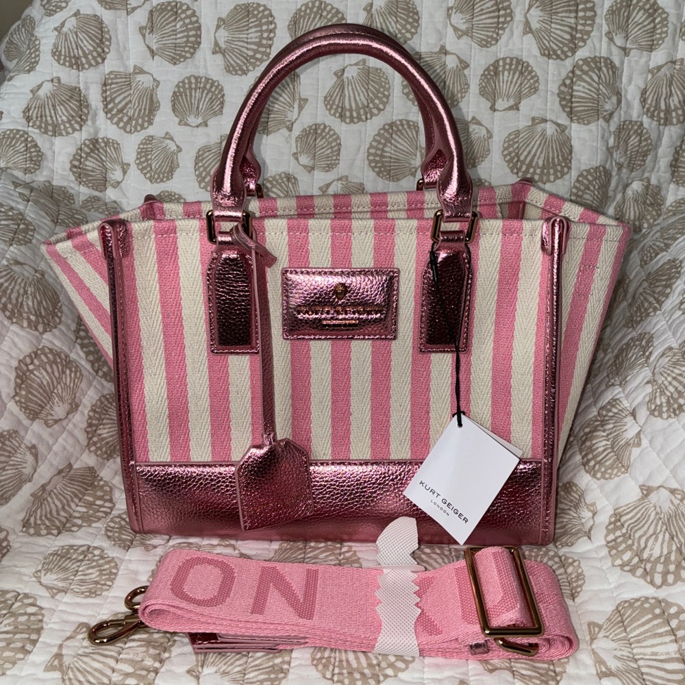NWT Kurt Geiger London Chiswick Shopper Canvas Tote Bag Pink & White Striped